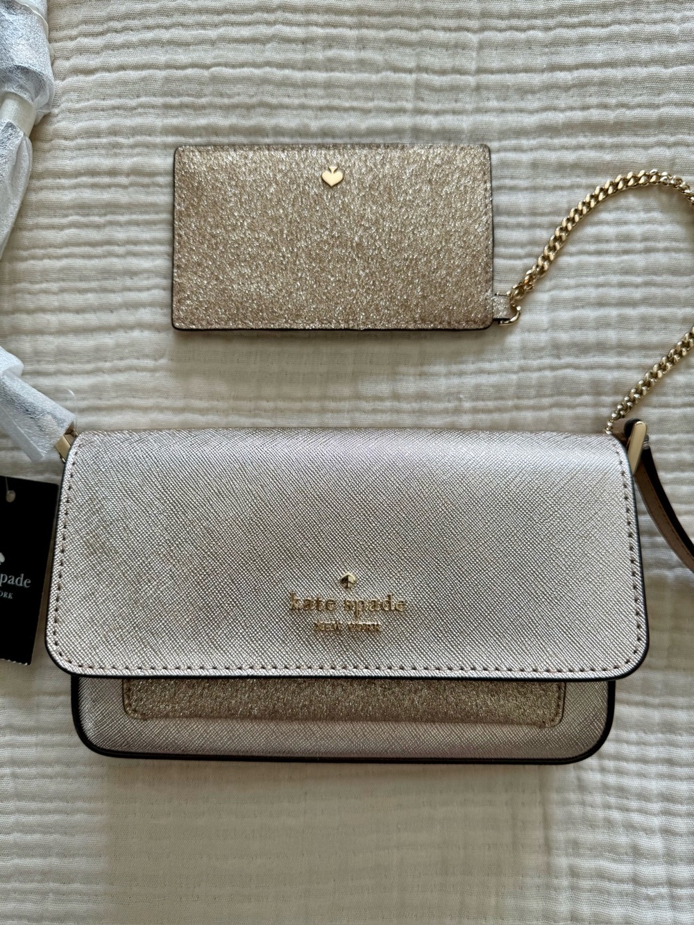 NWT Kate Spade Glimmer Boxed Crossbody Duo in Gold Glitter KE451 - Picture 4 of 11